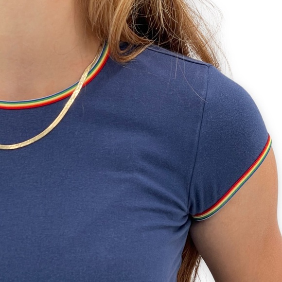 Vintage 2001 Old Navy Cropped Baby Tee Rainbow Stripe Trim Navy Blue | XXS/XS - Picture 4 of 9